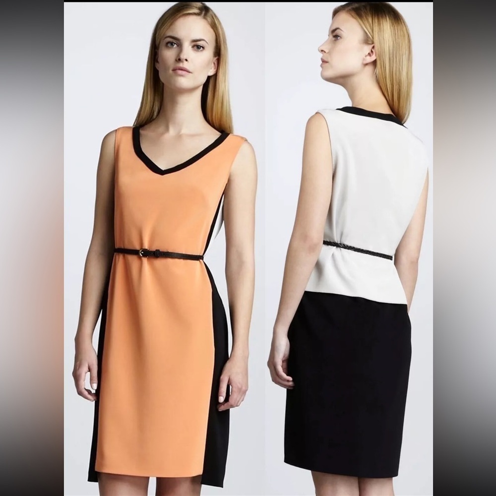 Elie Tahari Natalie Orange Spice Black Cream Colorblock Shift Dress $398 Size 4